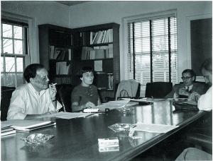 Cécile DeWitt-Morette with (from left to right) Isadore Singer, Freeman Dyson, and Raoul Bott at the Institute in the 1950s