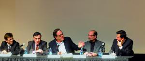 From left: Nathanael Andrade, Angelos Chaniotis, Oliver Stone, Gary Leva, and Yannis Hamilakis discuss historiography in the context of cinema. Photo by Bentley Drezer