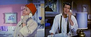 Image from Pillow Talk (1959). Split screen heightens the contrast between the feminine apartment of Jan Morrow (Doris Day) and Brad Allen (Rock Hudson)’s bachelor pad. (© Universal Studios)