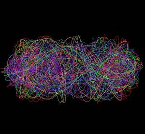 This image (produced with a Java applet by Alec Jacobson at http://alecjacobåson.com/programs/three-body-chaos) shows colorful trackings of the paths of satellites as they evolve from a simple single orbit to a complex multicolored tangle of orbits.