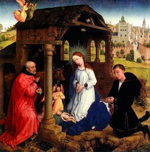 Nativity of Christ by the Flemish artist Rogier van der Weyden, painted in the middle years of the fifteenth century, plants a portrait of the artist’s donor Pieter Bladelin at the site of the Nativity. The embedded portrait casts doubt on the factuality of the persons and events described by the rest of the picture and introduces the modern myth of human subjectivity and self-awareness.