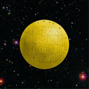 An SDSS-III plugplate, which admits light from preselected galaxies, stars, and quasars, superposed on an SDSS sky image.