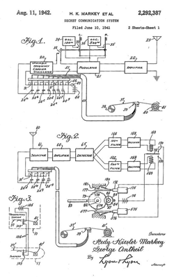 Drawing for Secret Communication System patent, filed June 10, 1941 (Image: United States Patent and Trademark Office)
