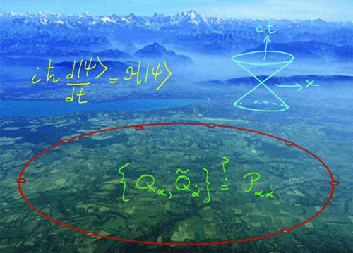 Aerial view of the Large Hadron Collider, super-imposed with images representing the light-cone in space-time, together with the Schrödinger equation of quantum mechanics, and (inside the ring) question about whether new quantum-dimensions of space-time, represented by supersymmetry, will be discovered at the LHC.
