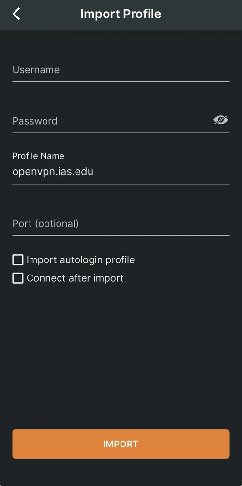OpenVPN app showing username and password fields