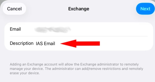 Red arrow pointing to form field for mailbox description