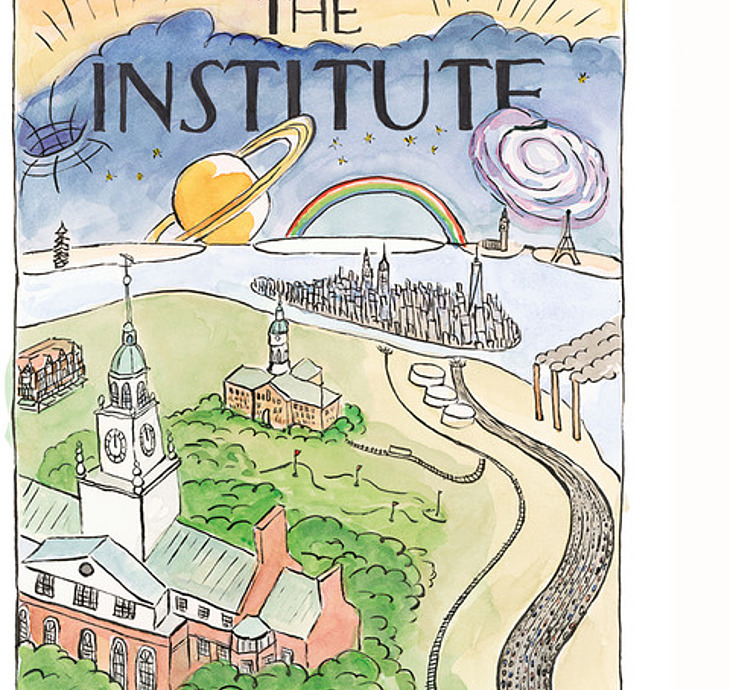 Illustration of the Institute facing a large city and the cosmos at large. 
