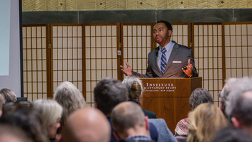 Cord Whitaker gives a lecture in the Dilworth Room at IAS