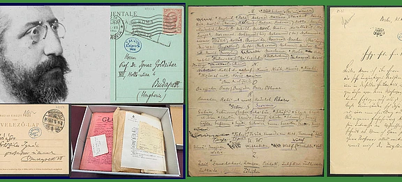 Image collage with letter, postcards, Goldziher's photo, green background