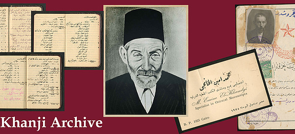 al-Khanji passport, business card, portrait, notebook pages