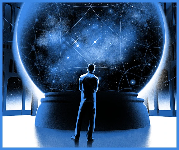 Artist depiction of the universe in a snow globe