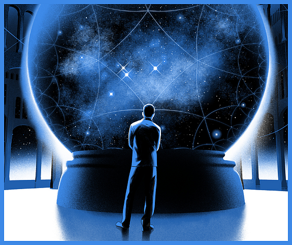 Artist depiction of the universe in a snow globe