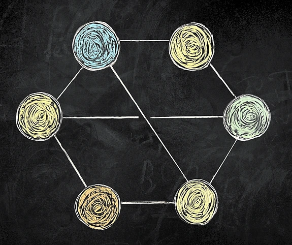 Blackboard drawing of hexagonal figure with circular vertices and bisecting X