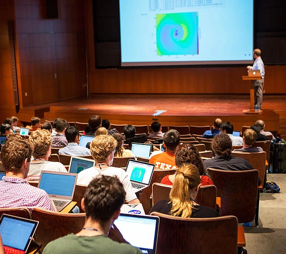 John ZuHone of the Smithsonian Astrophysical Observator, gives a lecture at the 2016 Prospects in Theoretical Physics Program. Photo by Andrea Kane.