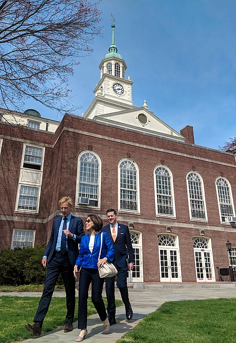 Robbert Dijkgraaf with France A. Córdova in front of Fuld Hall at the Institute for Advanced Study