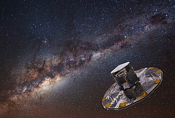 Artist's impression of the Gaia spacecraft, with the Milky Way in the background. Credit: ESA/ATG medialab; background image: ESO, S. BRUNIER