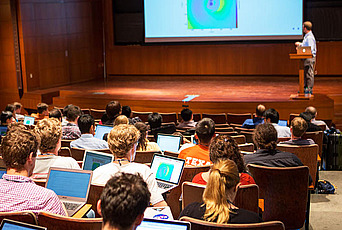 John ZuHone of the Smithsonian Astrophysical Observator, gives a lecture at the 2016 Prospects in Theoretical Physics Program. Photo by Andrea Kane.