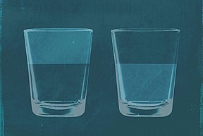 Artistic graphic shows two half-full glasses of water. The use of color suggests that what is perceived as "emptiness" in one case is "fullness" in the other
