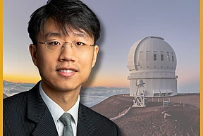 Sihao Cheng headshot with Canada France Hawaiʻi Telescope in background