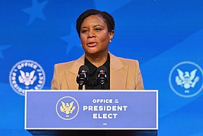 Alondra Nelson gives remarks at the podium of the Office of the President Elect