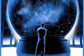 Artist depiction of the universe in a snow globe