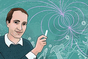 Illustration representing black holes in string theory over hill of scientific formulae Maldacena is hiking up