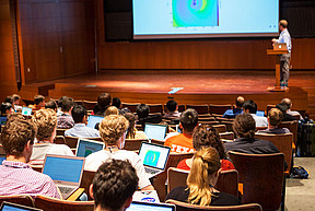 John ZuHone of the Smithsonian Astrophysical Observator, gives a lecture at the 2016 Prospects in Theoretical Physics Program. Photo by Andrea Kane.