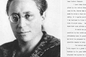 Image of Emmy Noether with a letter from on Institute for Advanced Study letterhead.