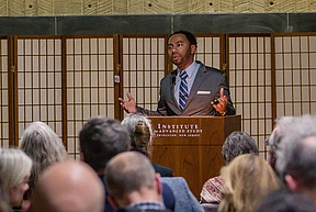 Cord Whitaker gives a lecture in the Dilworth Room at IAS