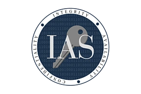 A circular seal with a blue background of gray ones and zeros, a gray key centered with the white letters IAS across.  A white circular border encloses the seal with the words Availability, Integrity, and Confidentiality.