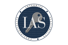 A circular seal with a blue background of gray ones and zeros, a gray key centered with the white letters IAS across.  A white circular border encloses the seal with the words Availability, Integrity, and Confidentiality.