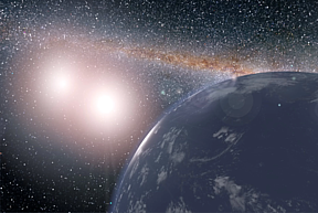 An artist's conception of a water world orbiting the binary star system Kepler-35 A and B. Worlds like this could host moons that might be habitable.
