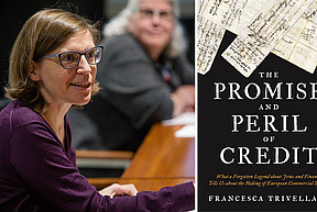 Collage featuring Francesca Trivellato and the book cover for "The Promise and Peril of Credit"