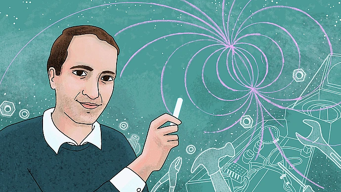Illustration representing black holes in string theory over hill of scientific formulae Maldacena is hiking up