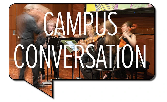 Blurred musicians play string instruments on stage; overlaid text reads "Campus Conversation" in bold white letters