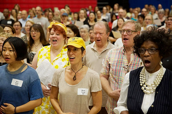 A rehearsal for David Lang’s “the public domain” in the gymnasium of Baruch College in Manhattan. The work received its premiere on Saturday at Lincoln Center.