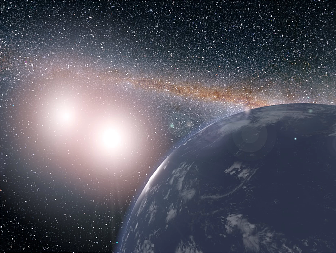 An artist's conception of a water world orbiting the binary star system Kepler-35 A and B. Worlds like this could host moons that might be habitable.