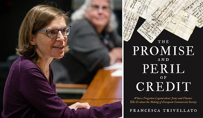 Collage featuring Francesca Trivellato and the book cover for "The Promise and Peril of Credit"