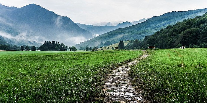 A path through a meadow with misty mountains in the distance