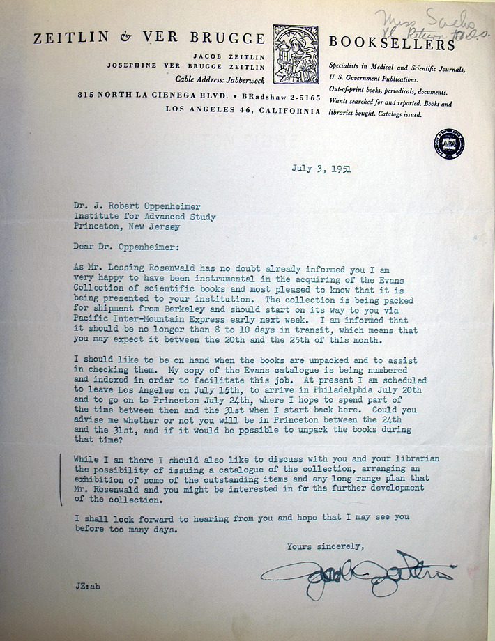 Zeitlin's letter to J. Robert Oppenheimer