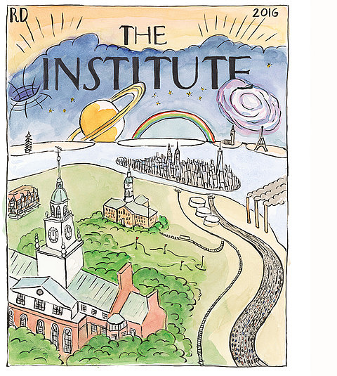 Illustration of the Institute facing a large city and the cosmos at large. 