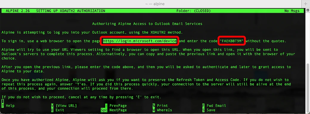 Alpine - Authorizing Alpine Access to Outlook