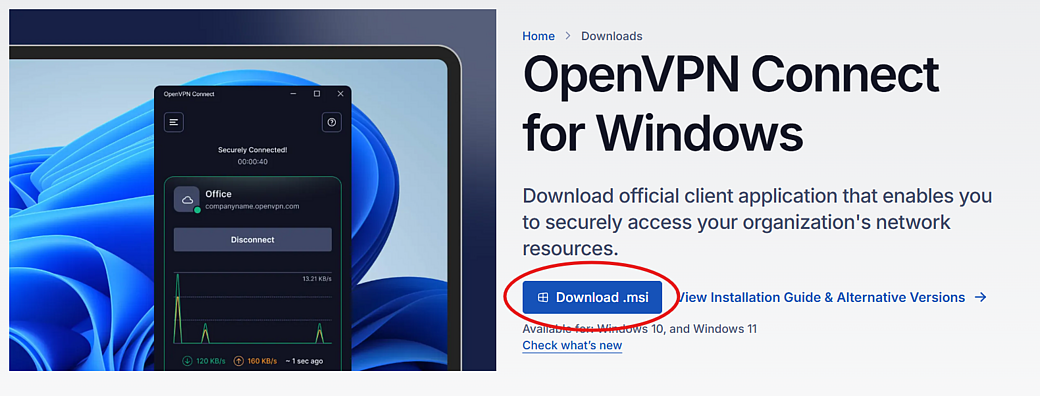 OpenVPN download page for Windows with red circle for Download .msi