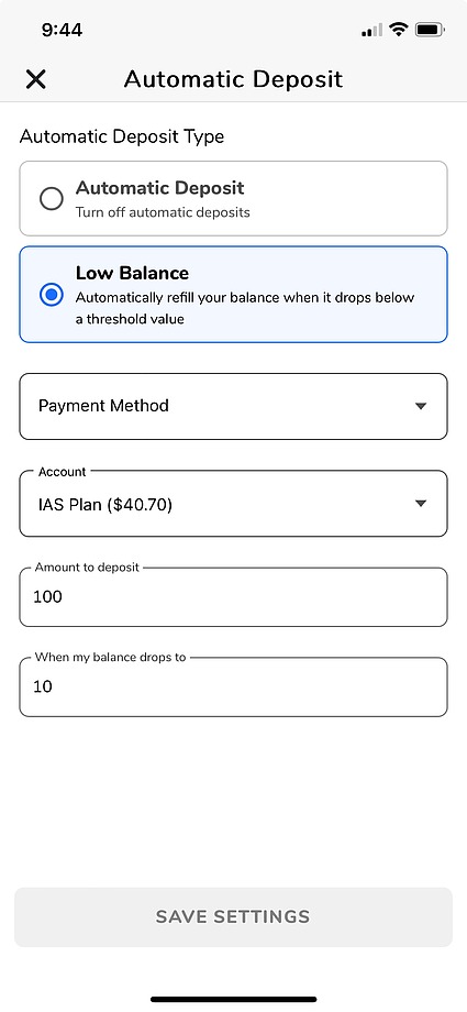 Screenshot of Get App Automated Deposits screen