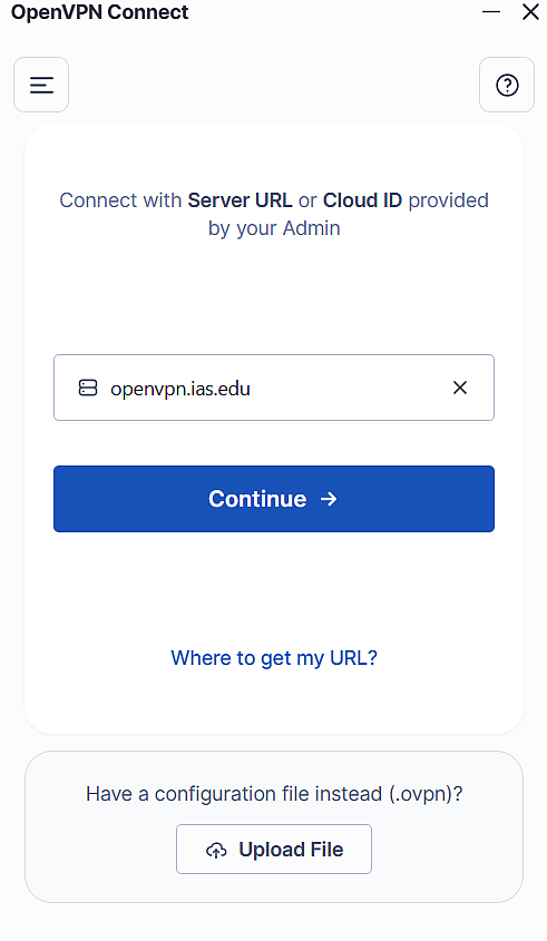 OpenVPN Server URL request with "openvpn.ias.edu" in the text field