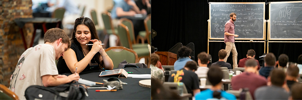 Photo collage showing 1) a female scholar and a male scholar discussing notes at a table and 2) a mathematician presenting a talk at two blackboards in front of a packed audience