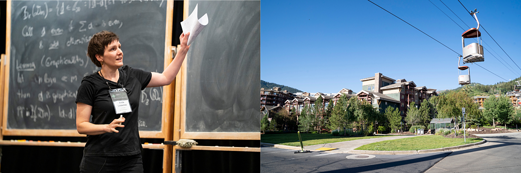 Photo collage showing 1) a female scholar gesturing to a blackboard and 2) an exterior view of the program venue in Park City, Utah