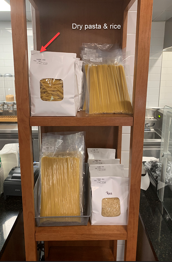 Rack of dry pasta and rice