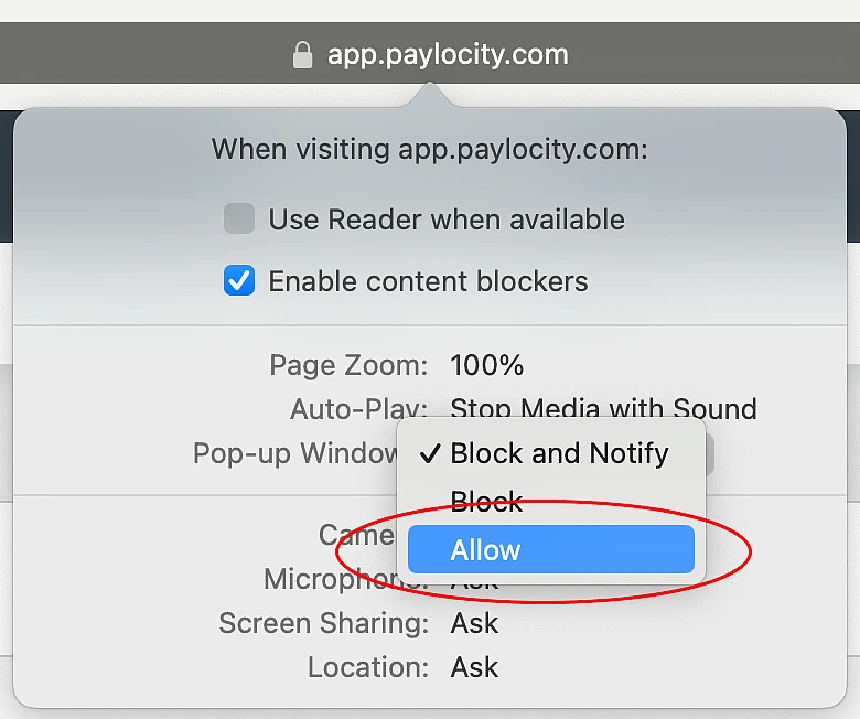 Safari Site Allow