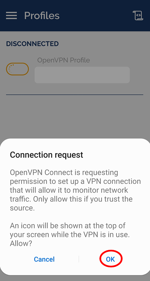 connection request pop-up stating the permissions OpenVPN needs